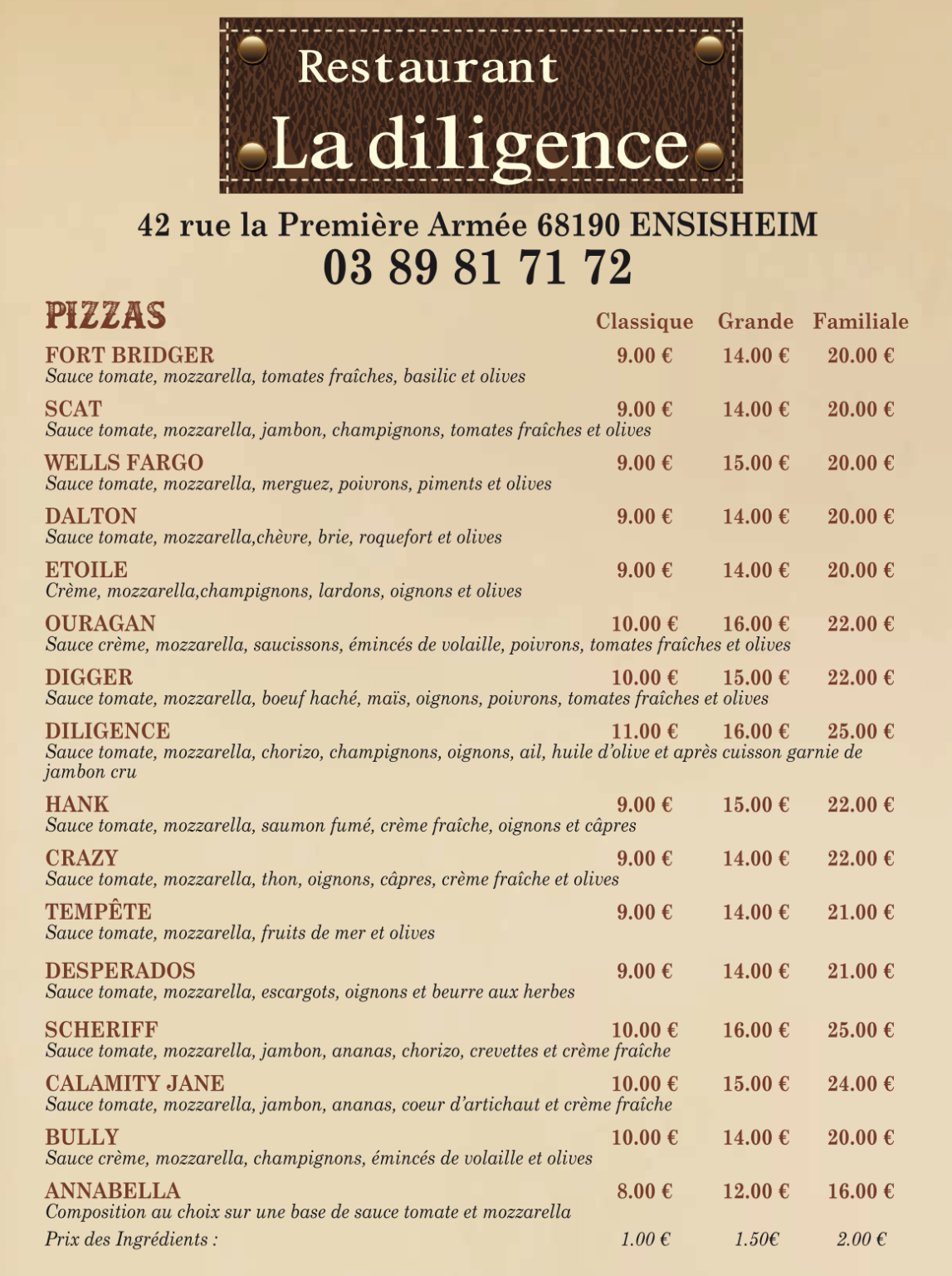 Restaurant la Diligence à Ensisheim. Plats, pizzas et tartes flambées